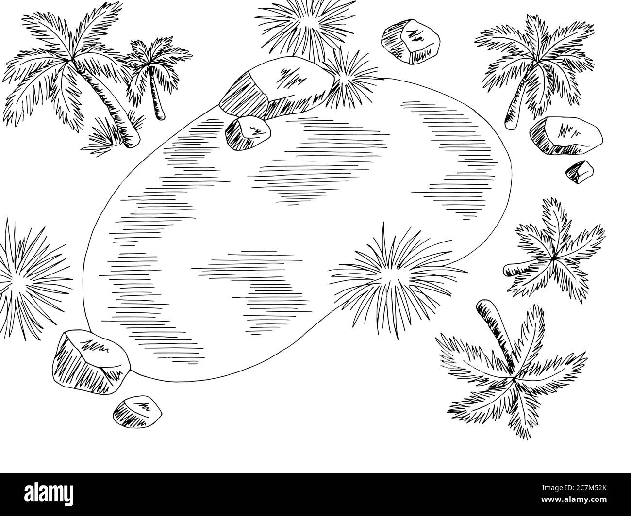 Oasis aerial top view from above desert graphic black white landscape illustration vector Stock Vector