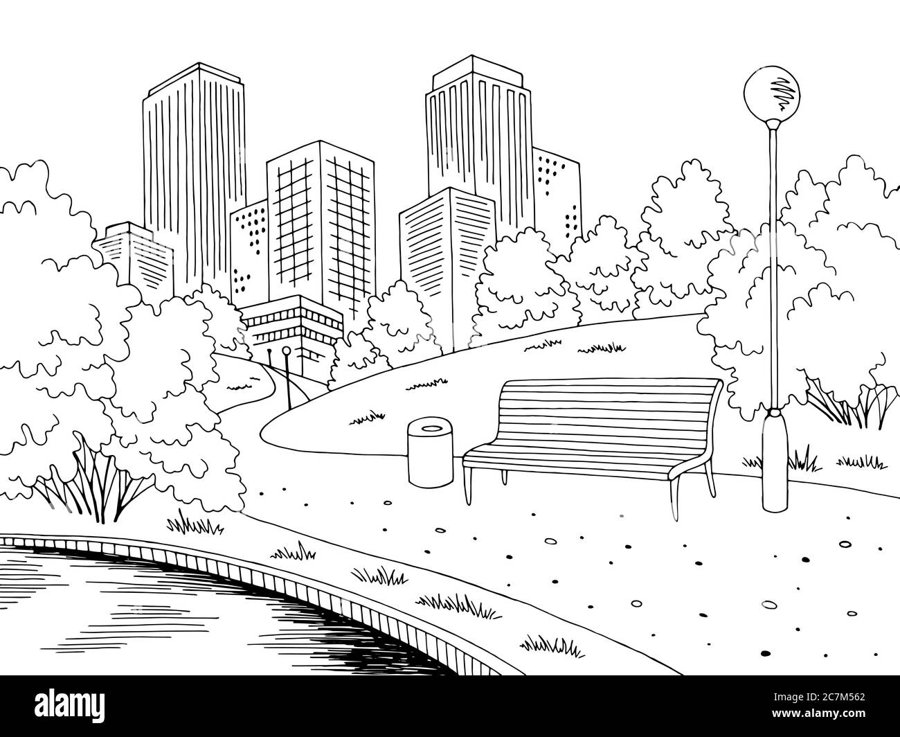 Park lake graphic black white city landscape sketch illustration vector Stock Vector