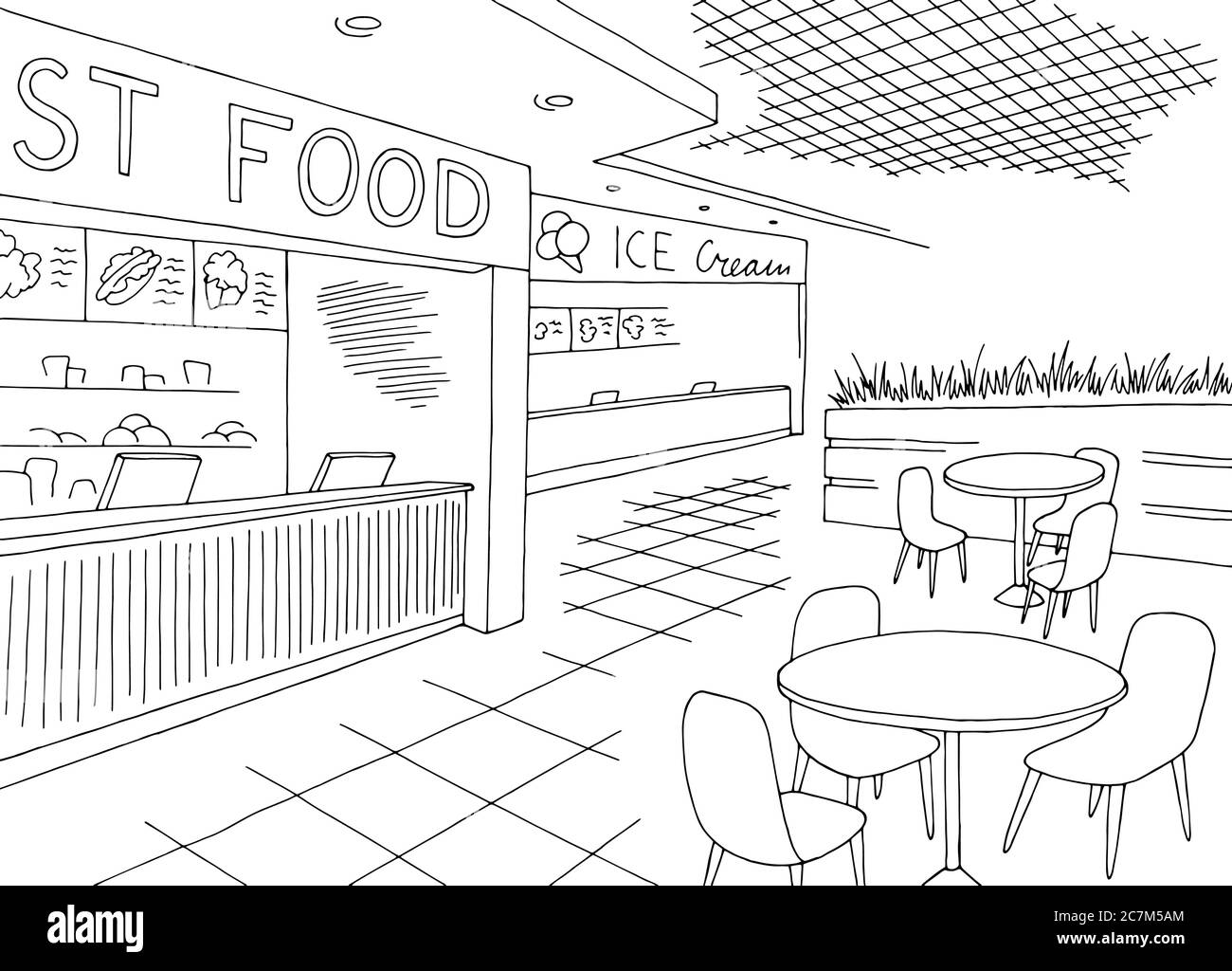 Cafe interior fast food court graphic black white sketch illustration vector Stock Vector