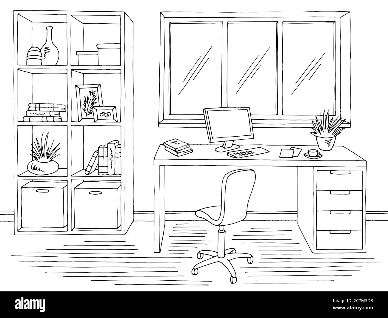 Home office graphic black white interior sketch illustration vector Stock  Vector Image & Art - Alamy