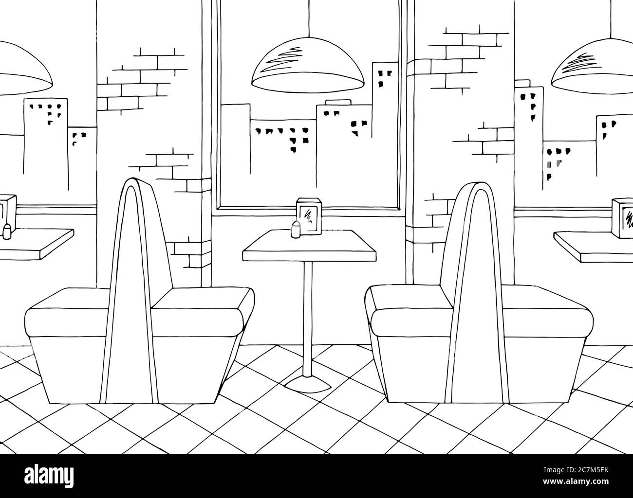 Cafe interior graphic black white sketch illustration vector Stock Vector