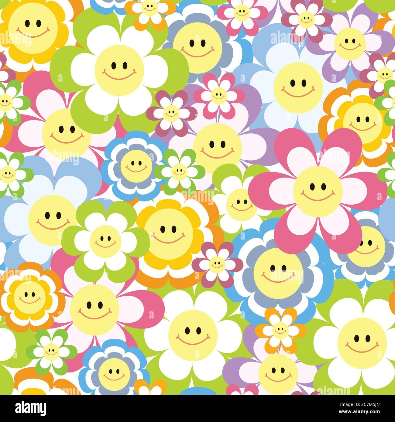Seamless pattern with smiley flowers. Stock Photo
