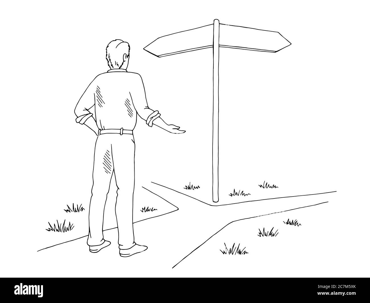 Man makes a choice, standing at a crossroads graphic black white sketch illustration vector Stock Vector
