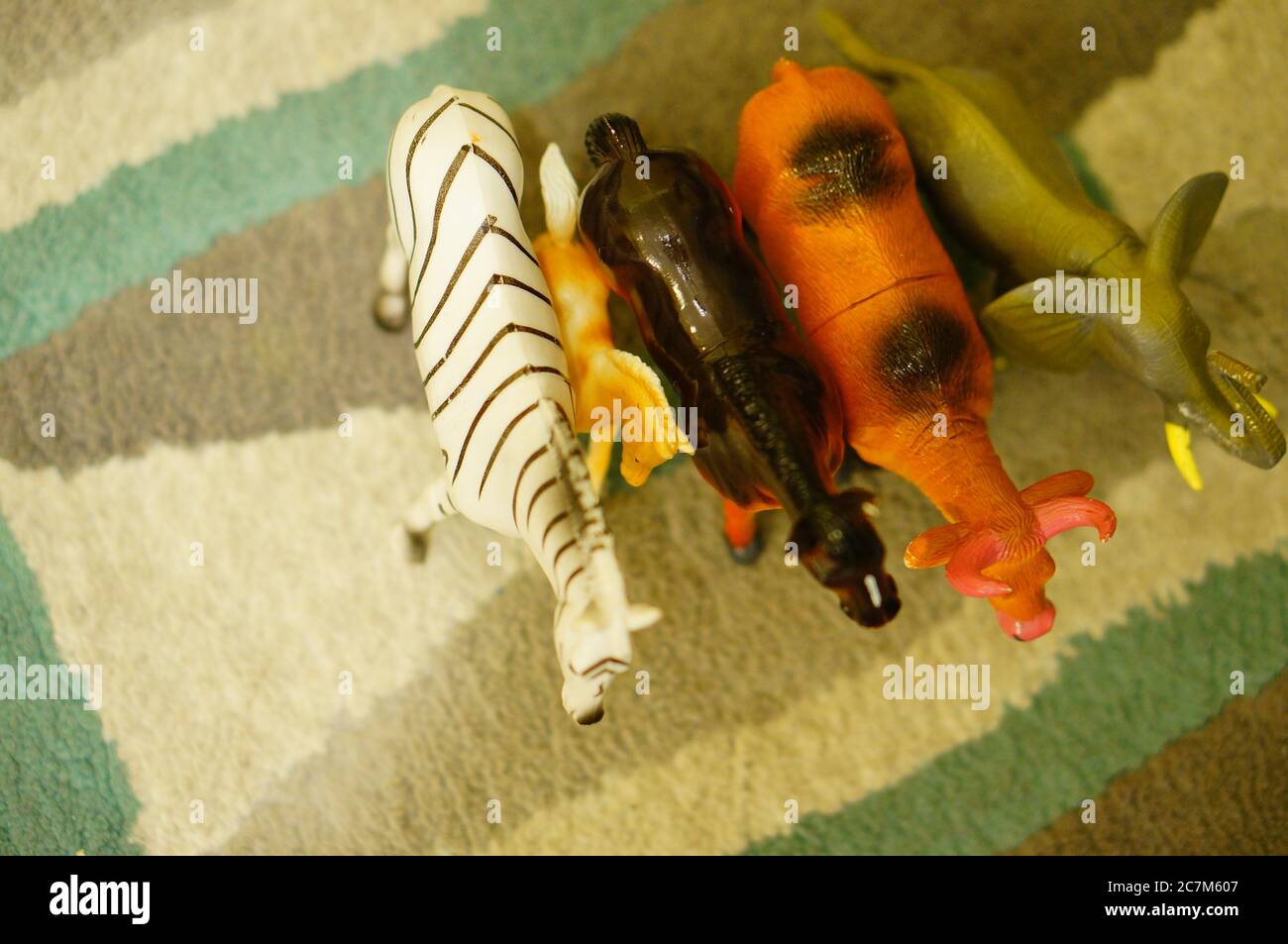 Toys of a zebra, horse, elephant and a bull placed next to each other Stock Photo