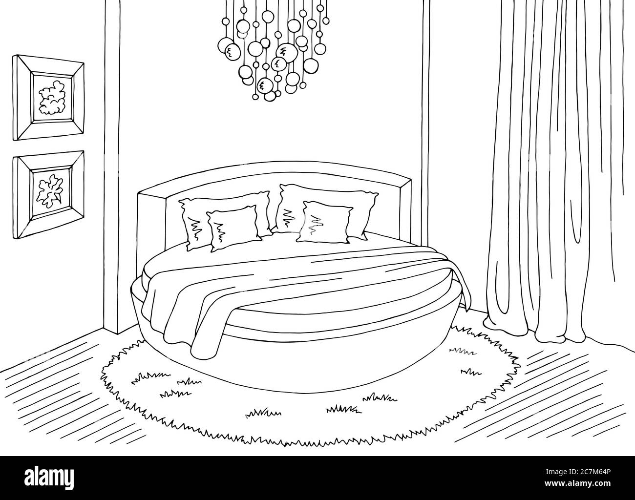 Bedroom round bed graphic black white home interior sketch illustration vector Stock Vector