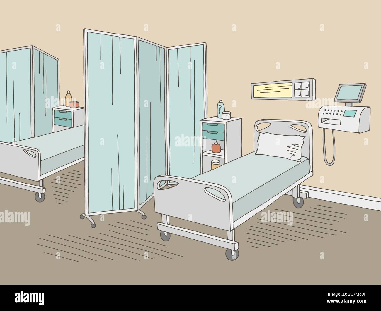 Hospital ward intensive care unit graphic color interior sketch illustration vector Stock Vector