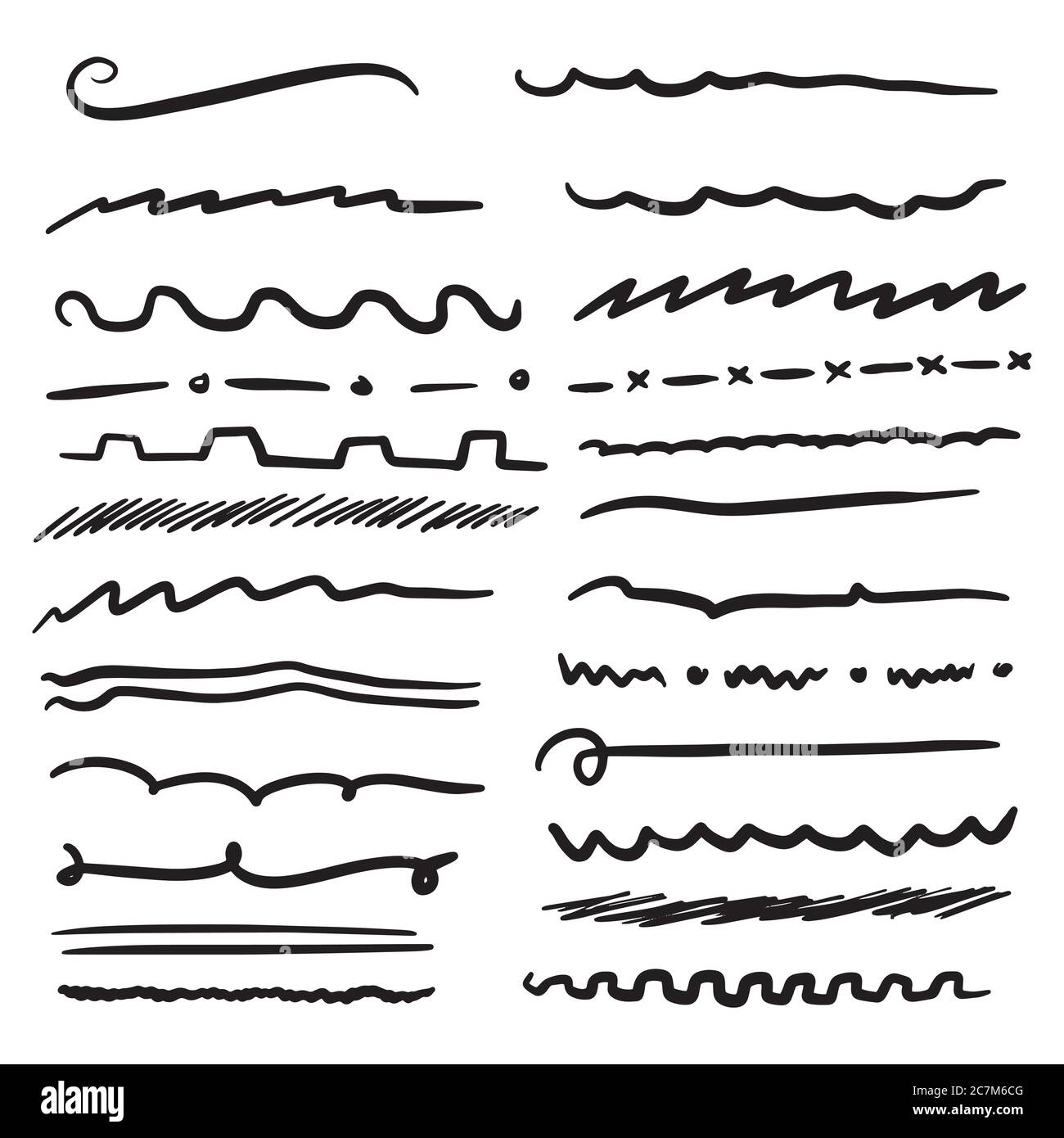 Handmade Collection Set of Underline Strokes in Marker Brush Doodle Style Various Shapes