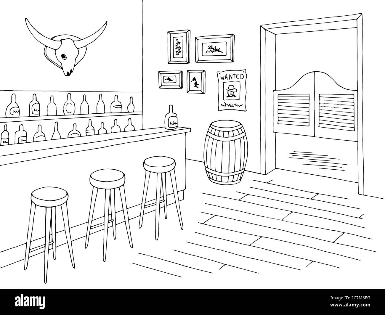 Saloon bar interior graphic black white sketch Wild West illustration vector Stock Vector