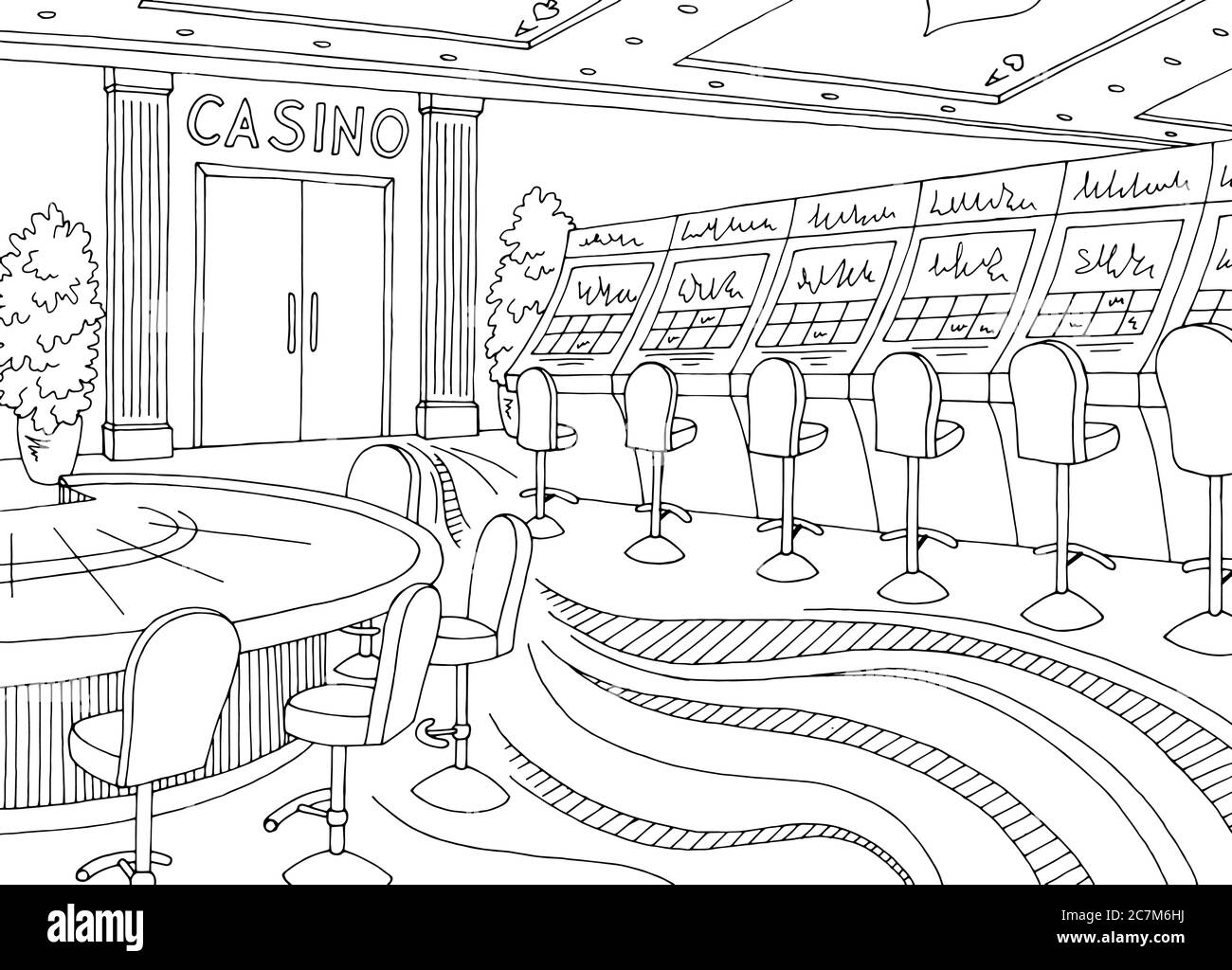 Casino interior graphic black white sketch illustration vector Stock