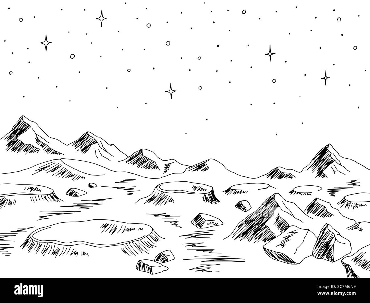Moon landscape graphic black white space sketch illustration vector Stock Vector