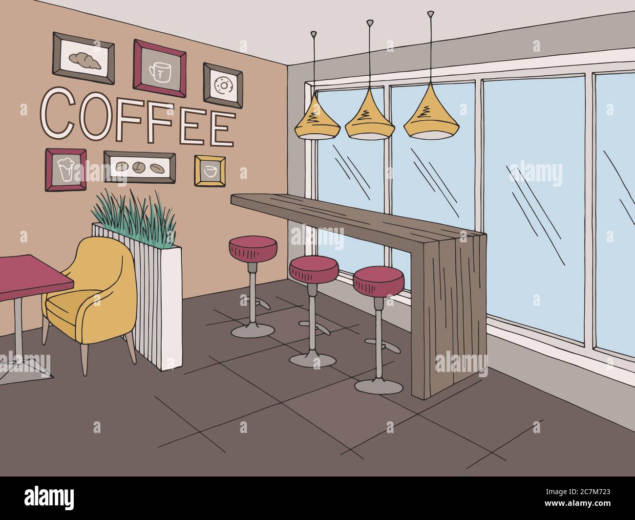 Premium Vector | Fancy restaurant or cafe interior with checkered floor and  stylish furnishings hand drawn in black