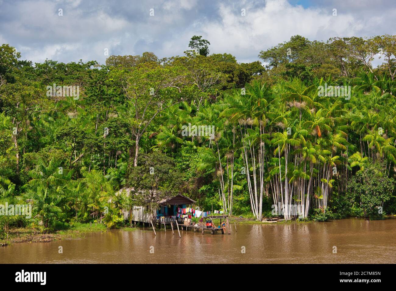 The River Amazon and houses on stilts on the river bank, a traditional Brazilian way to live near the river. Near Belem, Para State, Brazil. Stock Photo