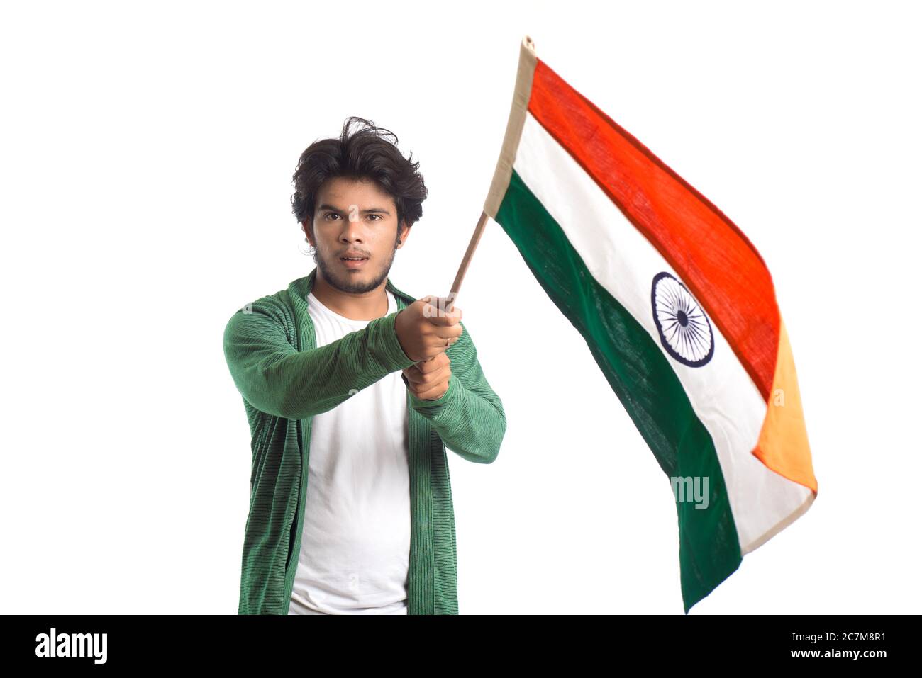 Young man with Indian flag or tricolor on white background, Indian ...