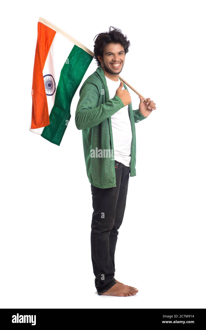 Young man with Indian flag or tricolor on white background, Indian  Independence day, Indian Republic day Stock Photo - Alamy
