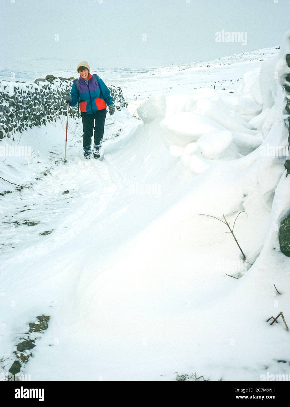 This is Fell Lane near the village of Ingleton that leads to the summit of Ingleborough one of the famous Yorkshire Dales Three Peaks of Ingleborough, Whernside and Penyghent, via the hill farm at Crina Bottom in the winter of 1980 Stock Photo