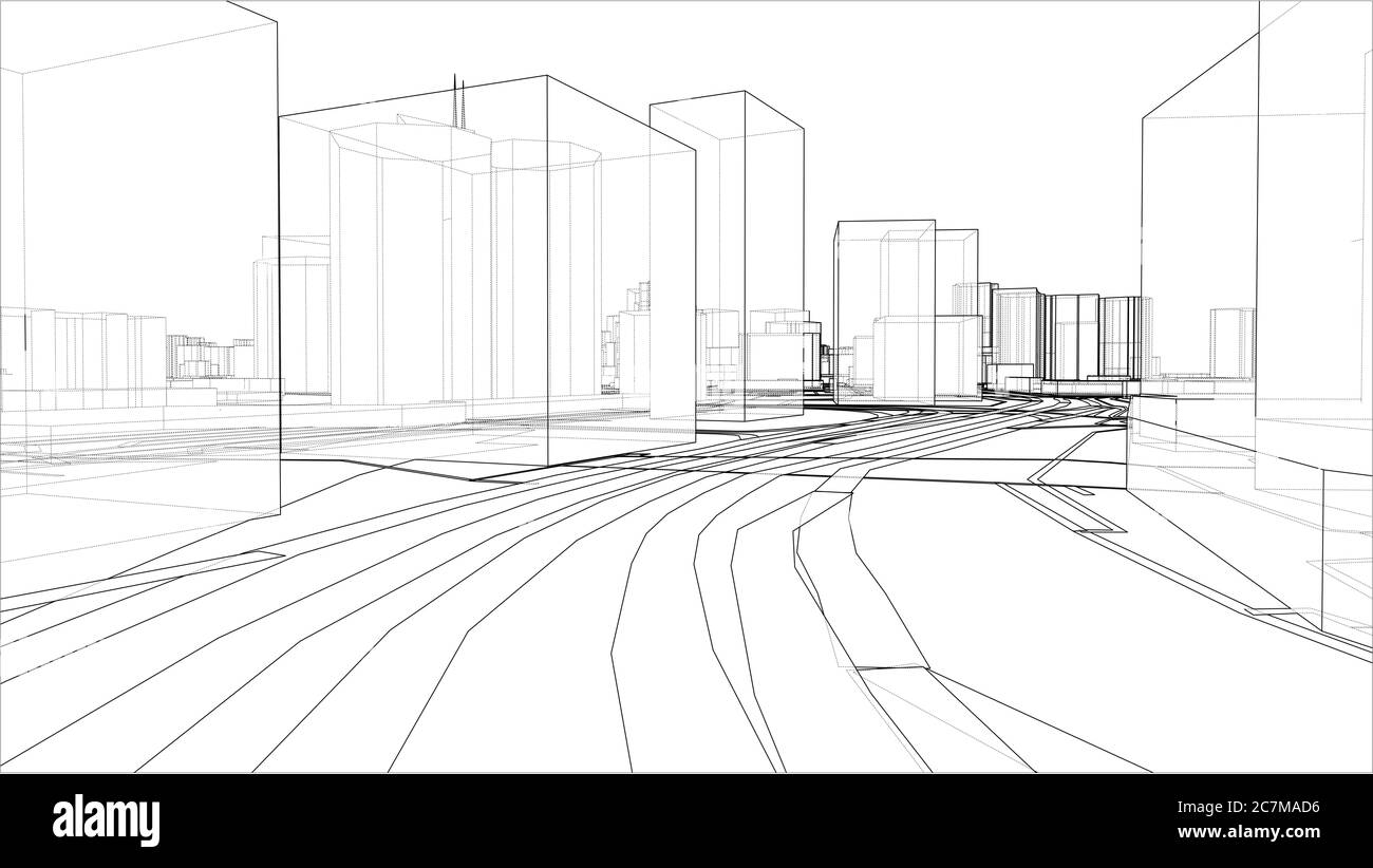 Sketch of 3D city with buildings and roads Stock Photo Alamy