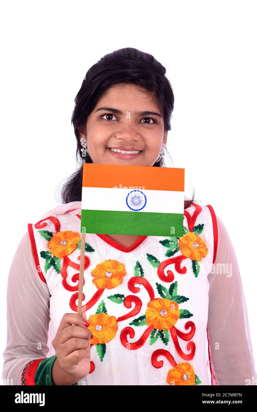 Indian girl standing with Indian flag or tricolor on white background