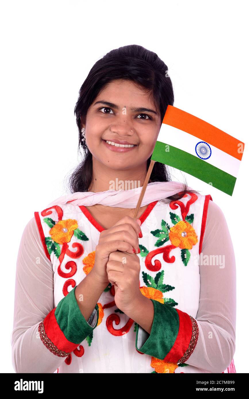 Indian girl standing with Indian flag or tricolor on white background