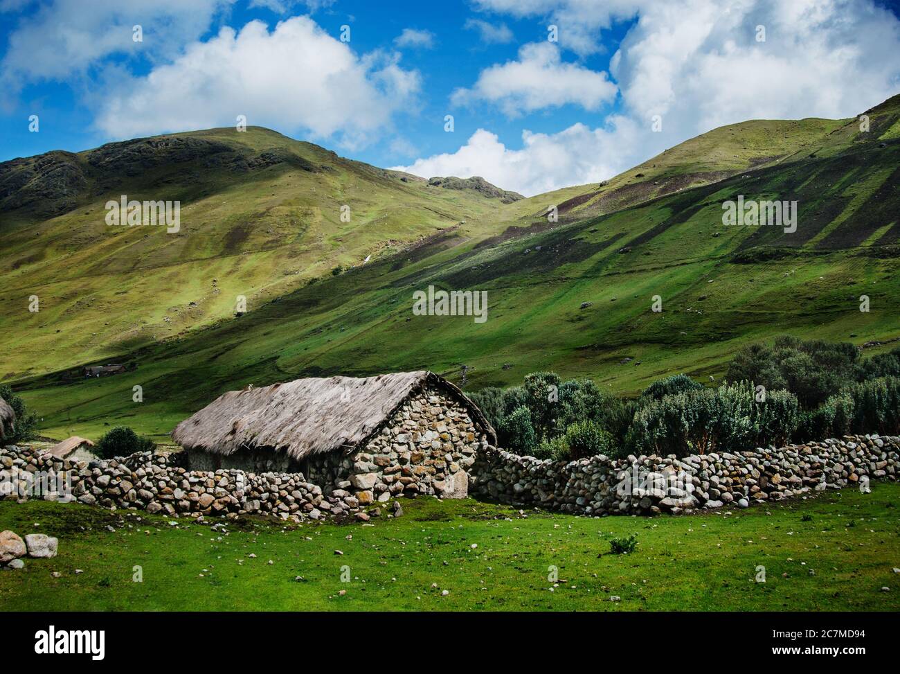 Stone hut in Chaullacocha village, Andes Mountains, Peru, South America Stock Photo