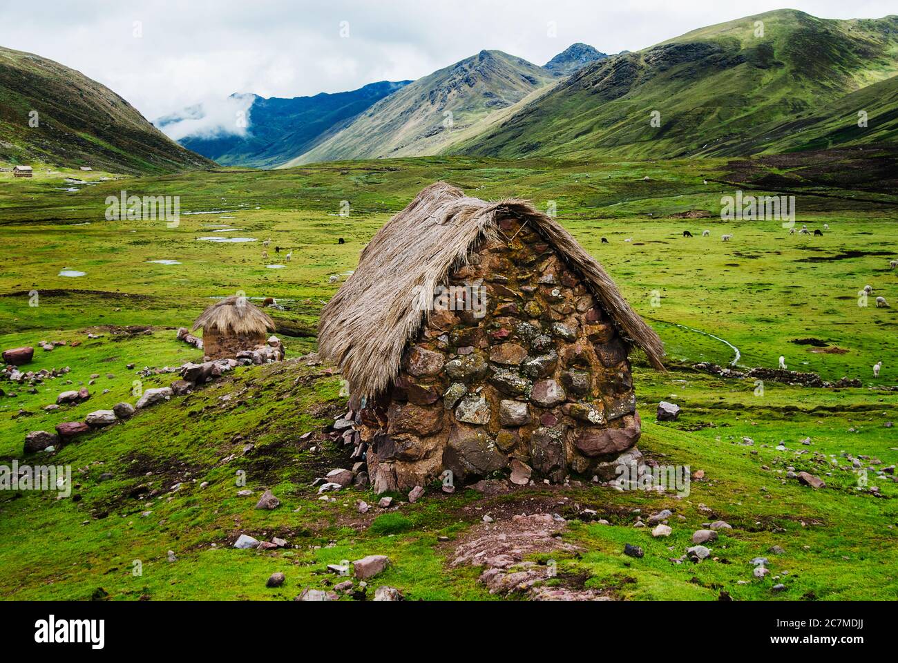 Stone hut in Chaullacocha village, Andes Mountains, Peru, South America Stock Photo