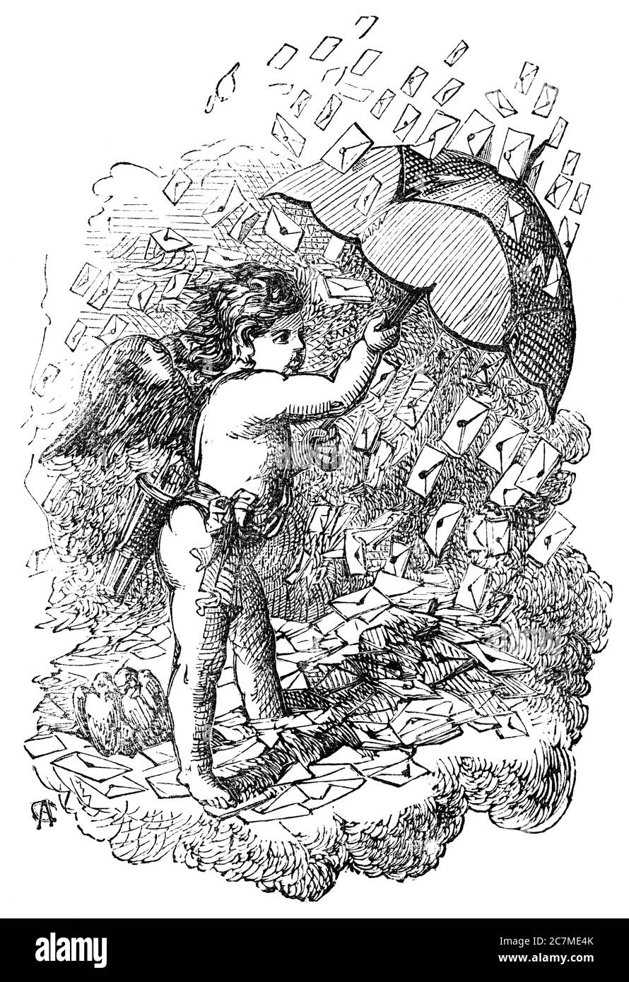 An engraved vintage illustration romance love image of the cherub Eros holding an umbrella as it's raining St Valentine's day cards from a Victorian b Stock Photo