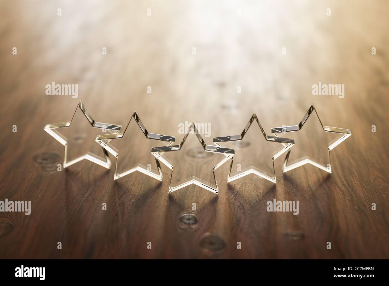 3D render: Five star rating - five transparent acrylic glas stars standing  on a wooden table. Selective focus and copy space Stock Photo - Alamy