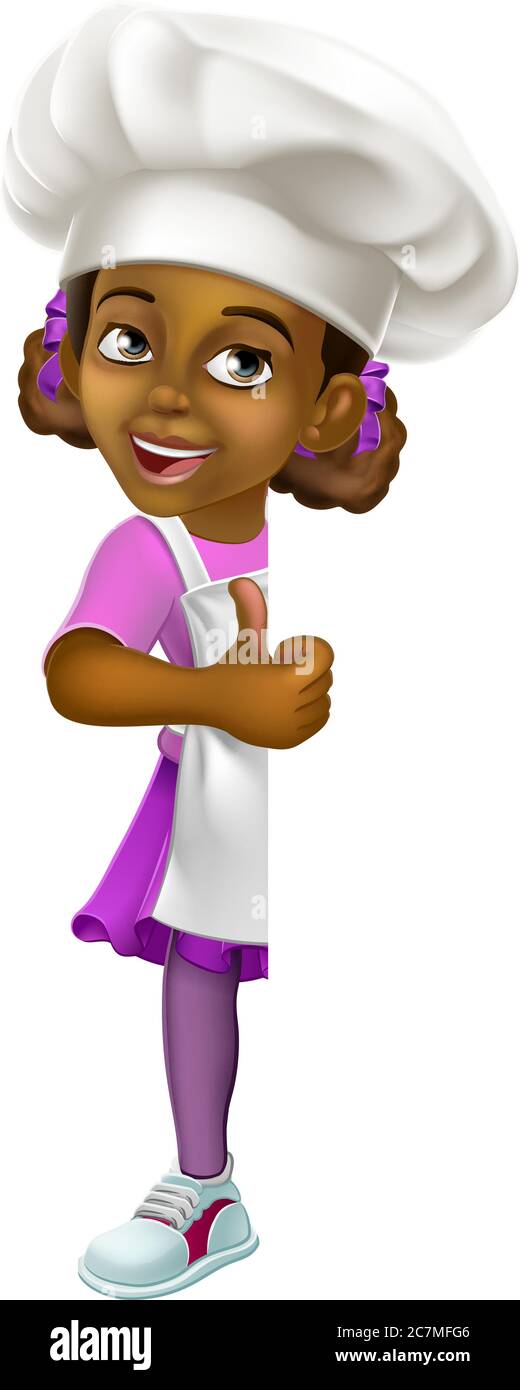 Black Girl Cartoon Child Chef Kid Sign Thumbs Up Stock Vector