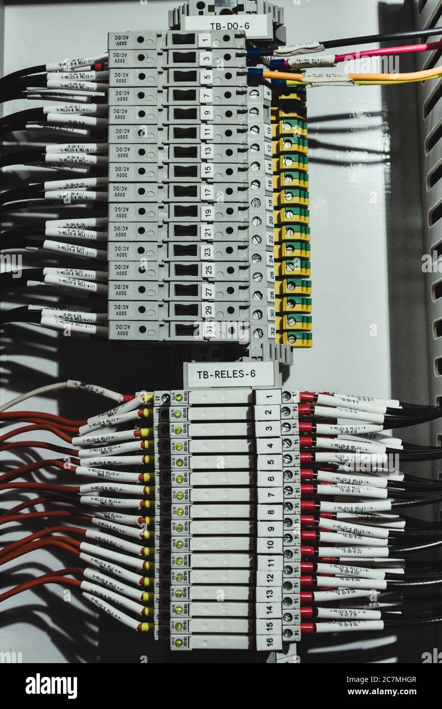 Vertical closeup shot picturing inside of the electrical box and the ...