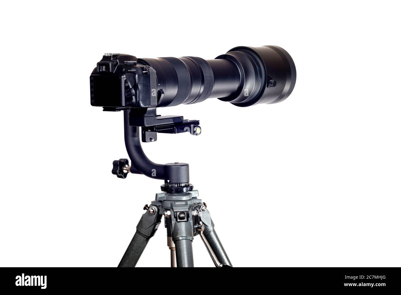 Horizontal shot of a Gimbal Tripod Head holding a digital camera with a long telephoto zoom lens on a white background. Stock Photo