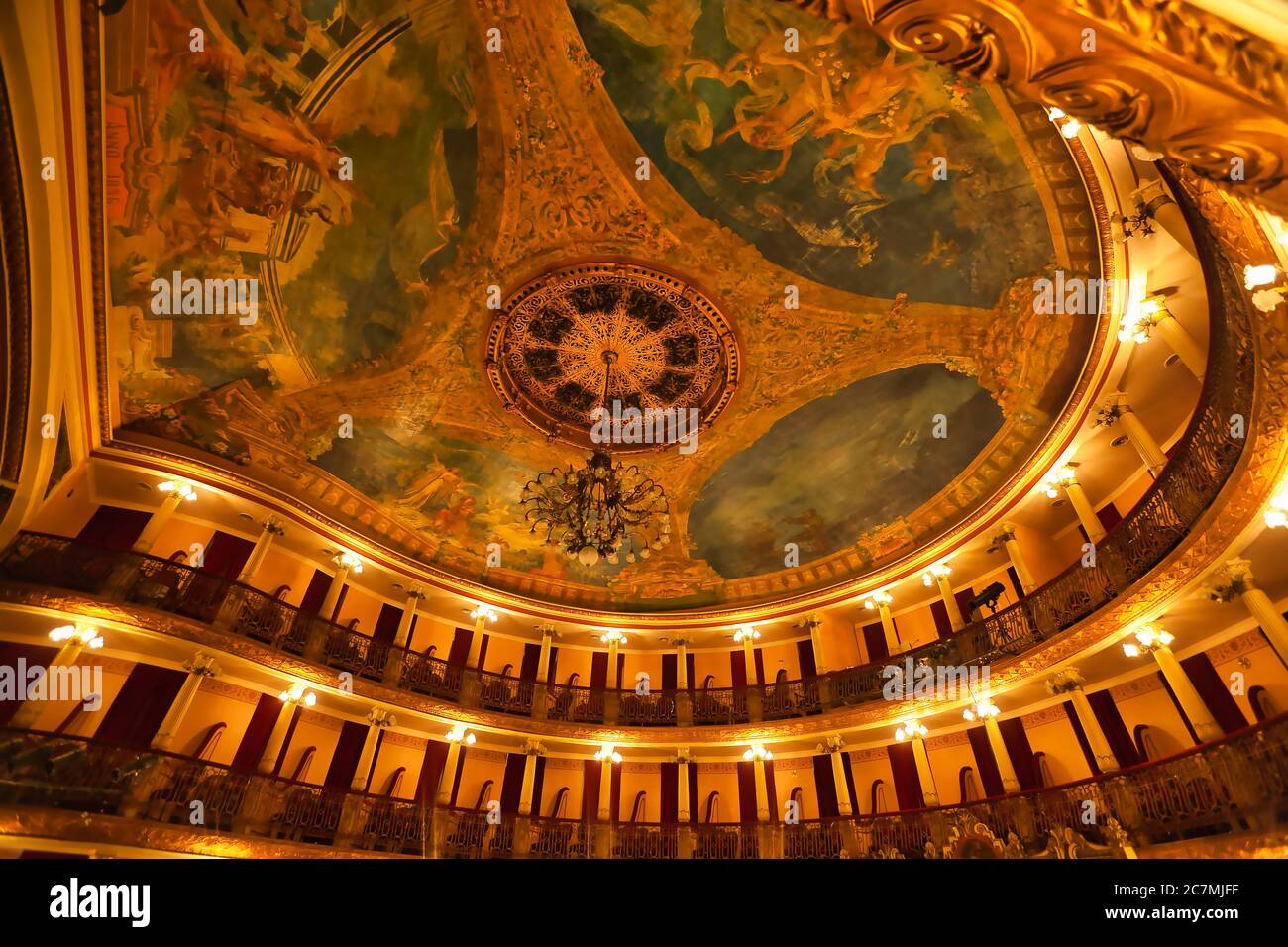 The high ceiling of the famous Opera House in Manaus showing fine detail and paintings, plus upstairs seating, Manaus, Amazonas State, Brazil Stock Photo
