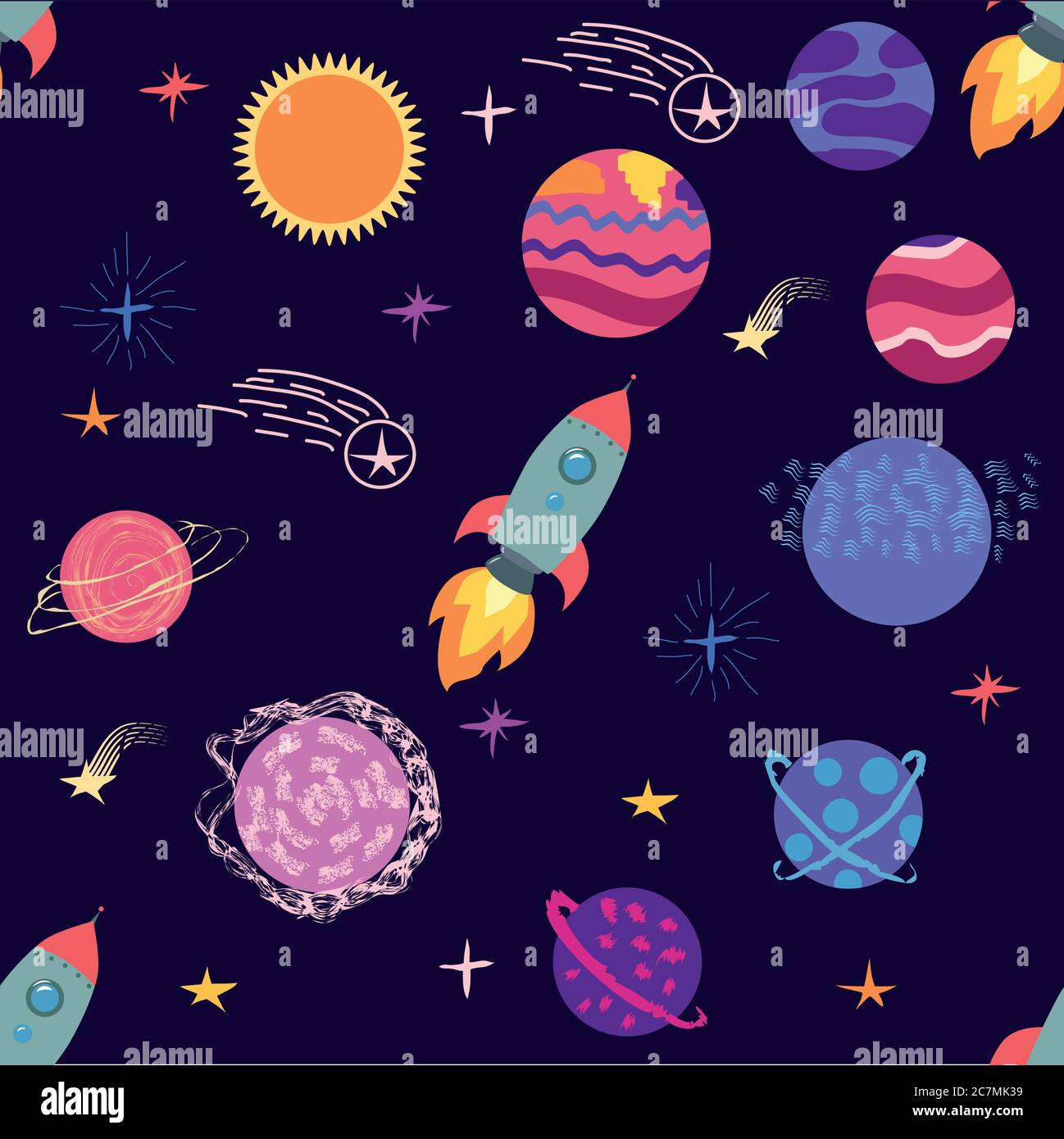seamless pattern of planets, rockets and stars. Cartoon planet Stock ...