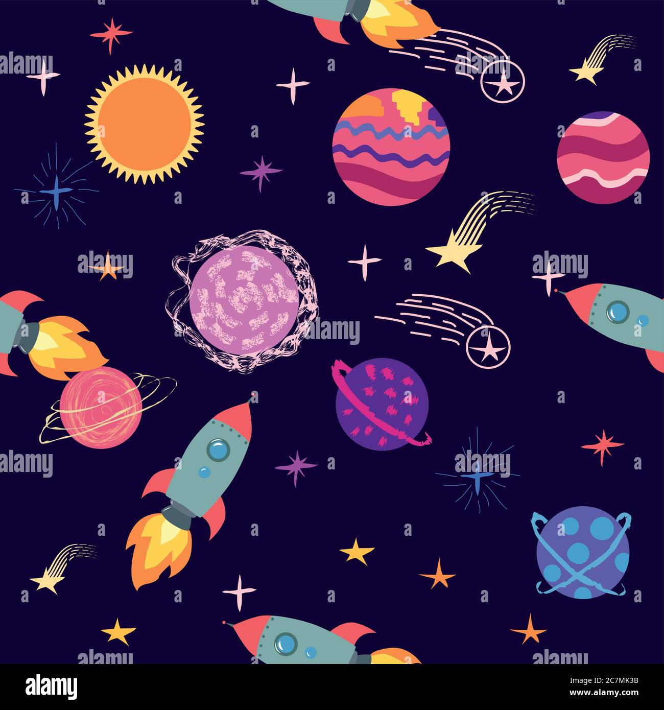 seamless pattern of planets, rockets and stars. Cartoon planet Stock ...
