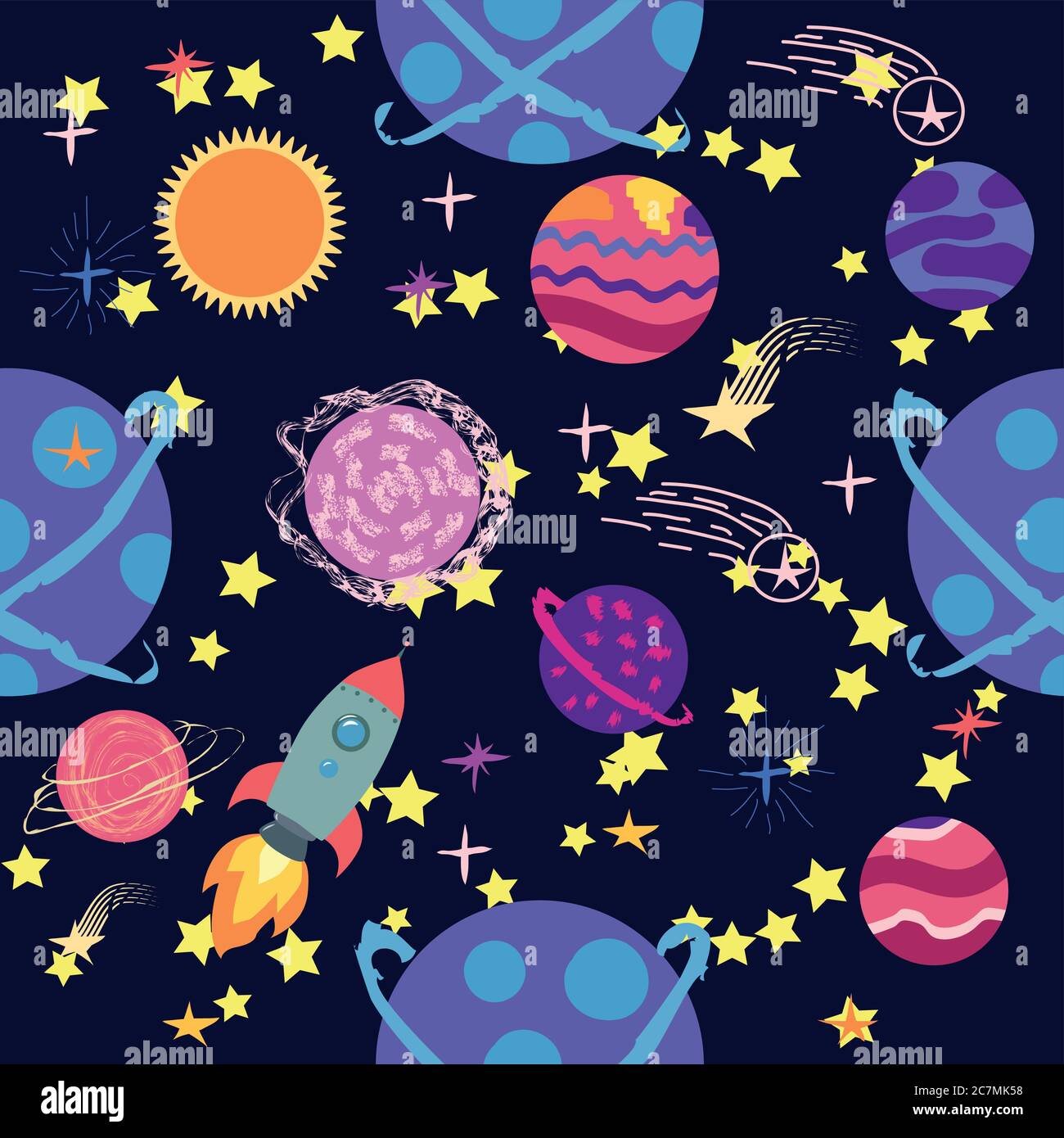 Seamless space pattern. Planets, rockets and stars. Cartoon spaceship ...