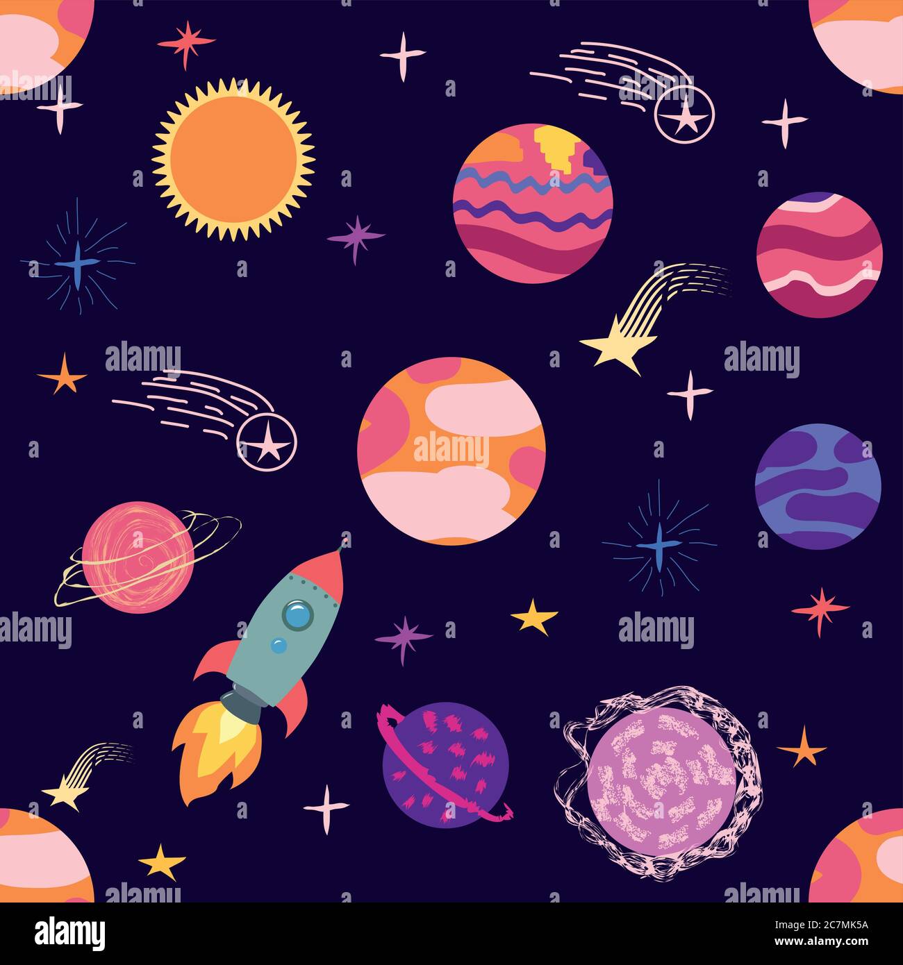 Seamless space pattern. Planets, rockets and stars. Cartoon spaceship ...