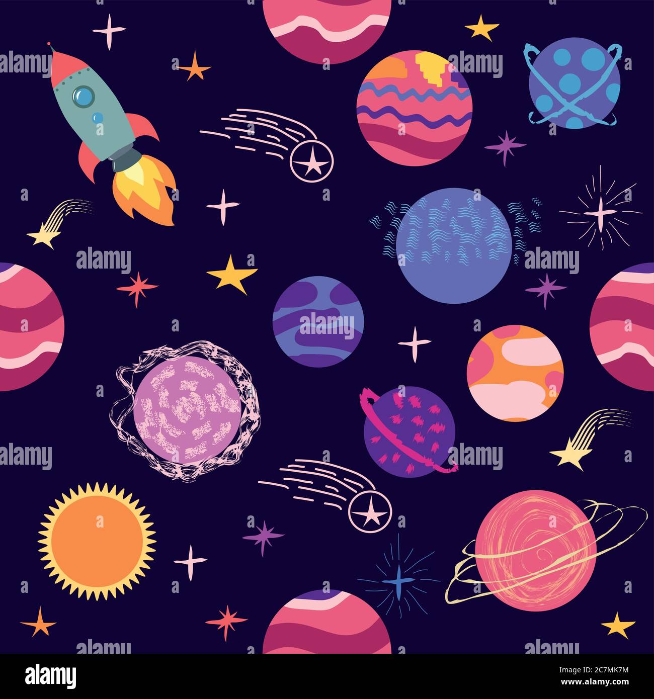 seamless pattern of planets, rockets and stars. Cartoon planet Stock ...