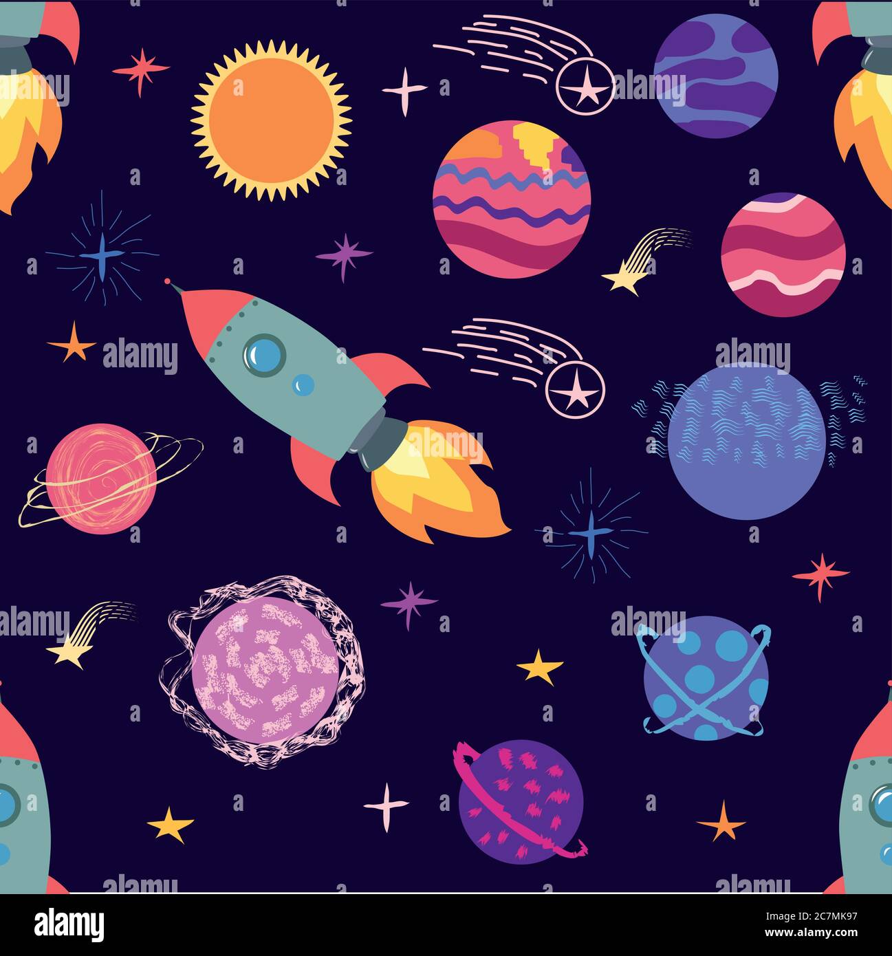 Seamless space pattern. Planets, rockets and stars. Cartoon spaceship ...