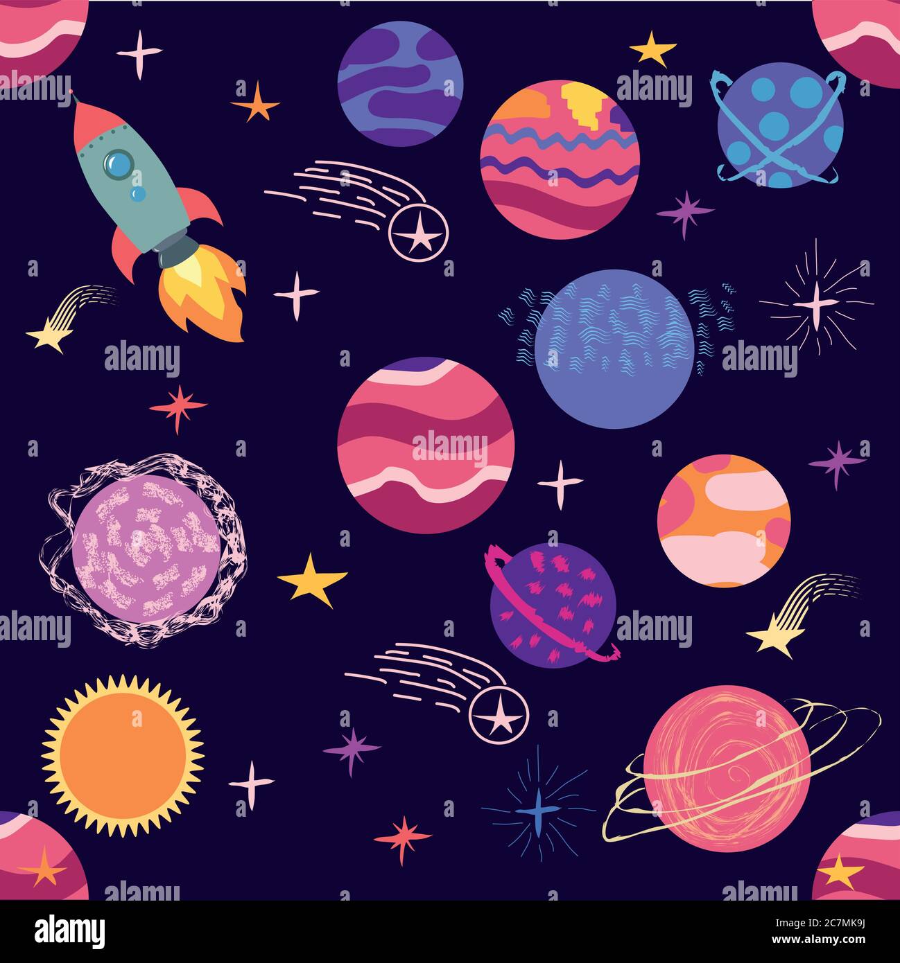 seamless pattern of planets, rockets and stars. Cartoon planet Stock ...
