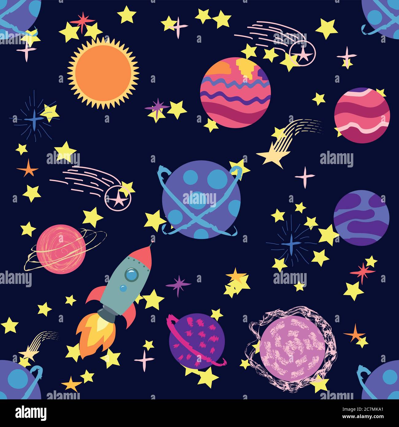 Seamless space pattern. Planets, rockets and stars. Cartoon spaceship ...