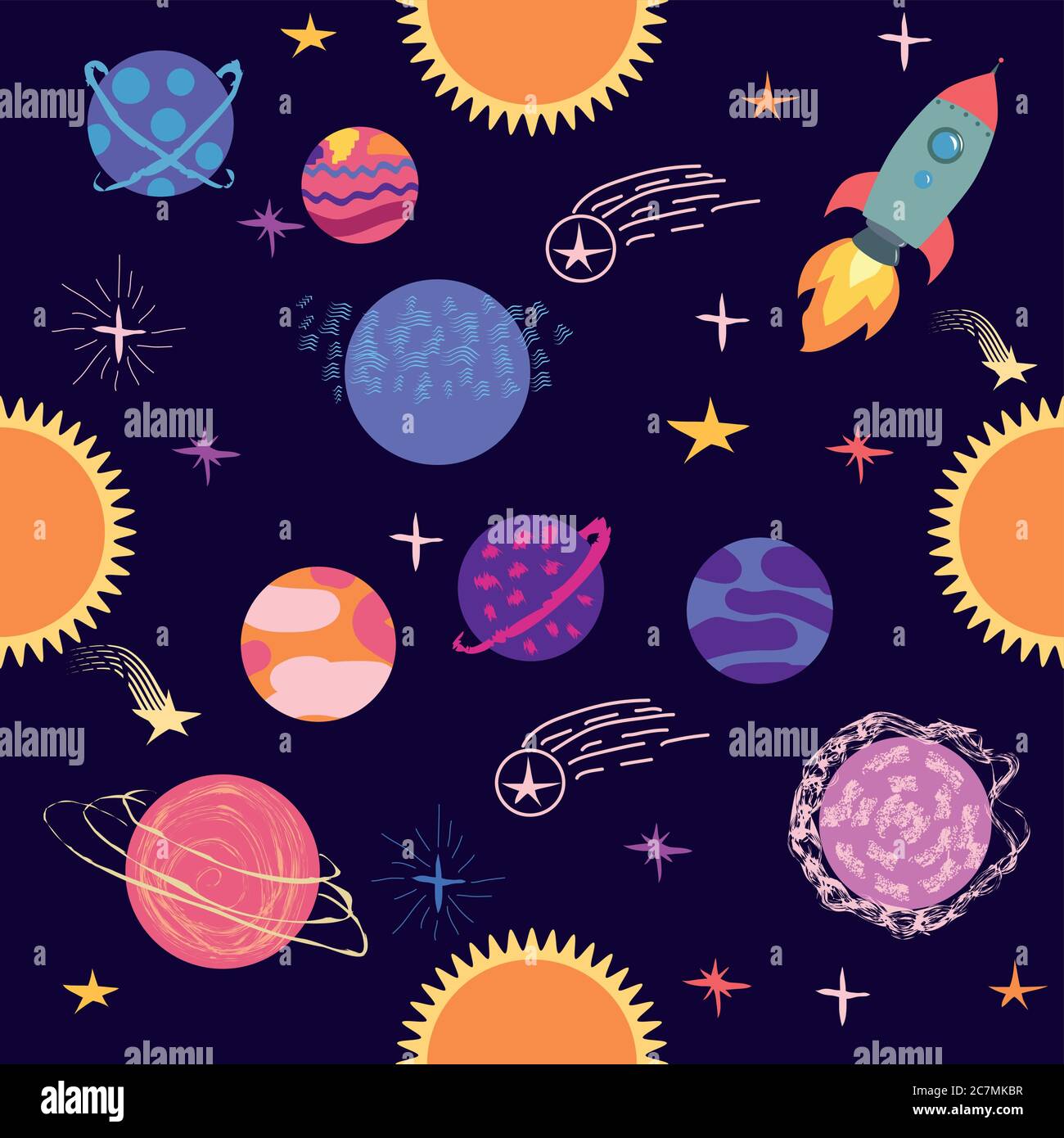 Seamless space pattern. Planets, rockets and stars. Cartoon spaceship ...