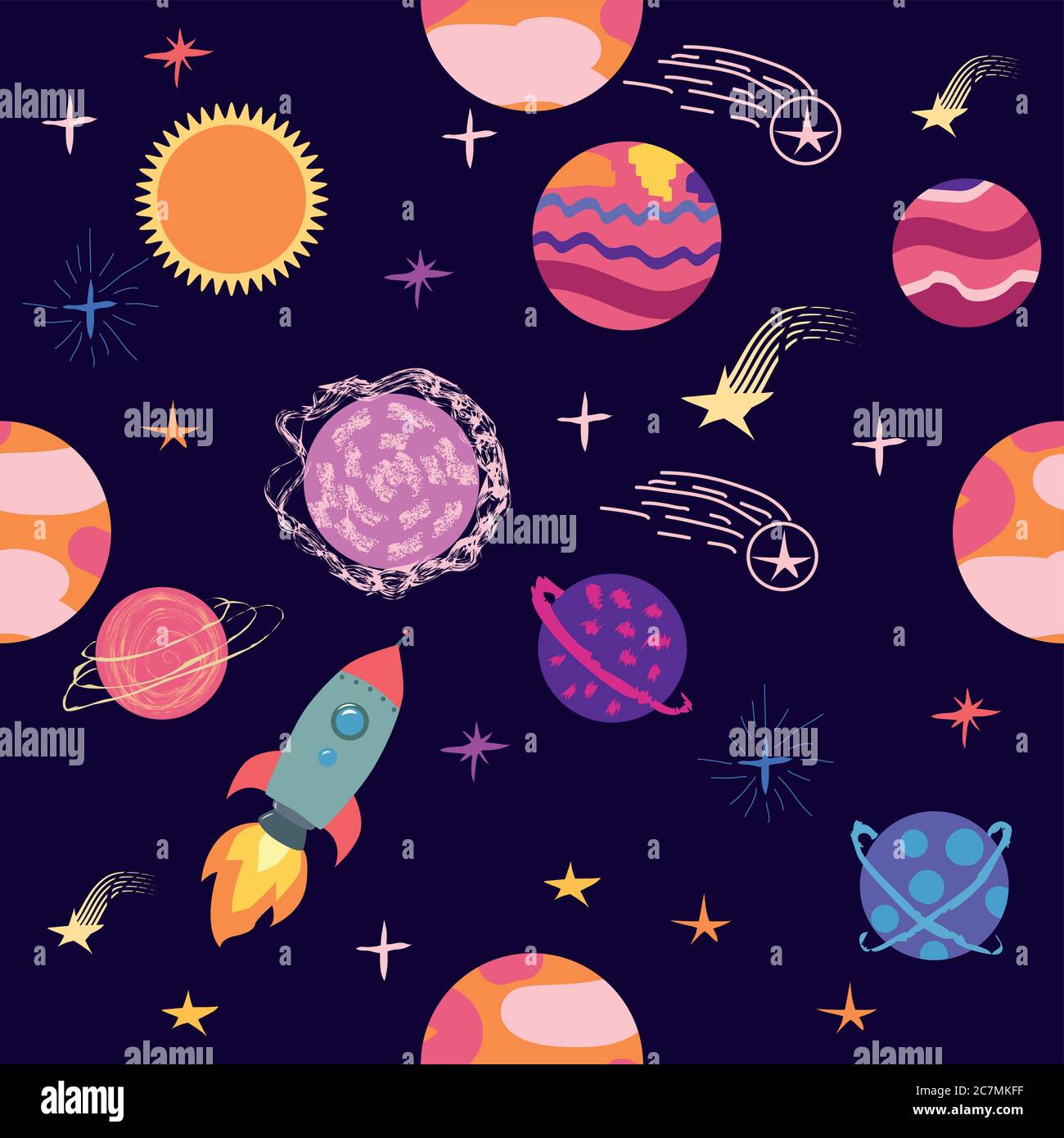 seamless pattern of planets, rockets and stars. Cartoon planet Stock ...