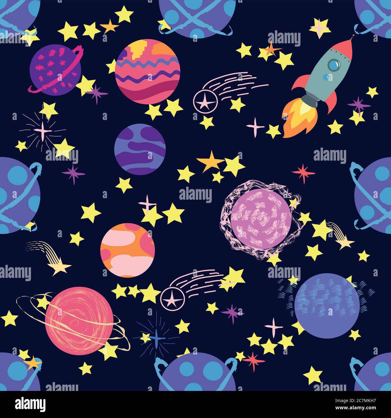 Seamless space pattern. Planets, rockets and stars. Cartoon spaceship ...