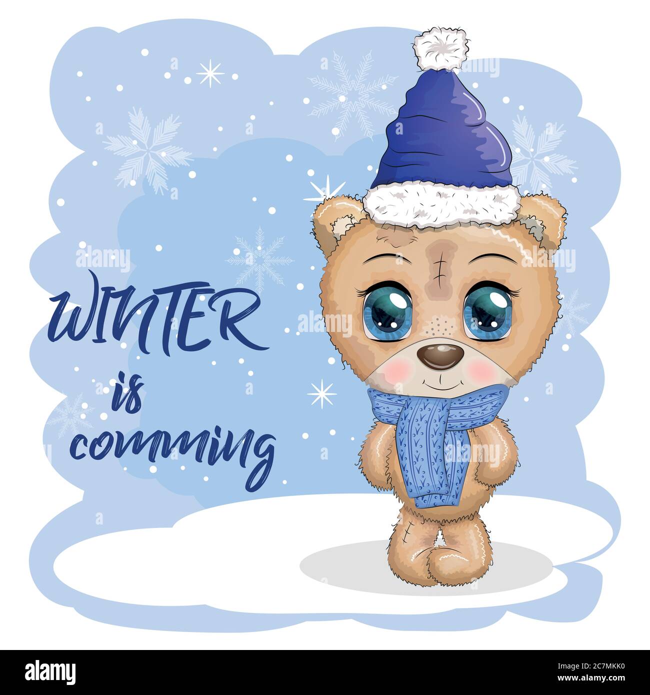 Cute cartoon bear with big eyes in a scarf and hat. Winter is coming  inscription Stock Vector Image & Art - Alamy