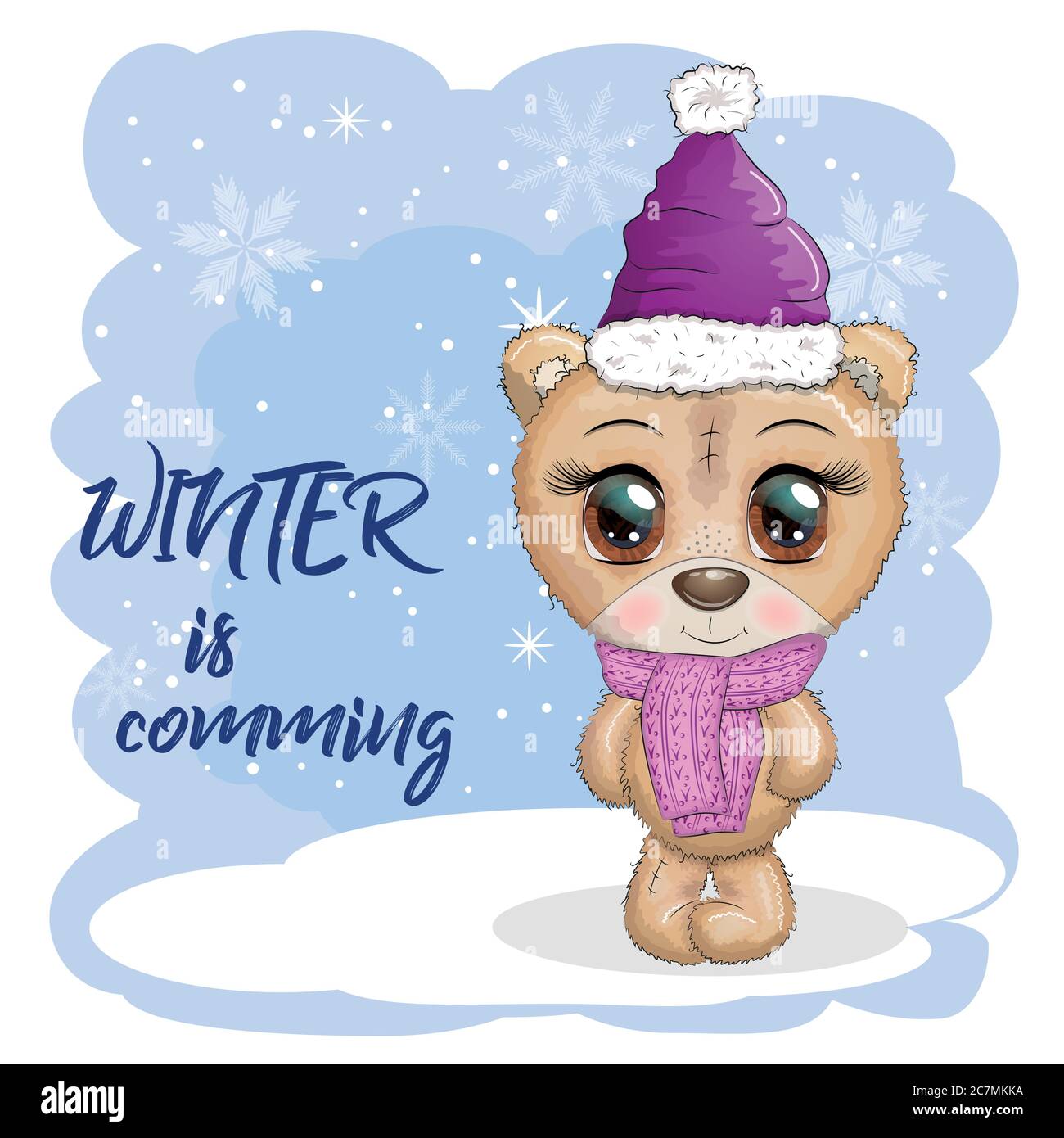 Cute cartoon bear with big eyes in a scarf and hat. Winter is coming ...