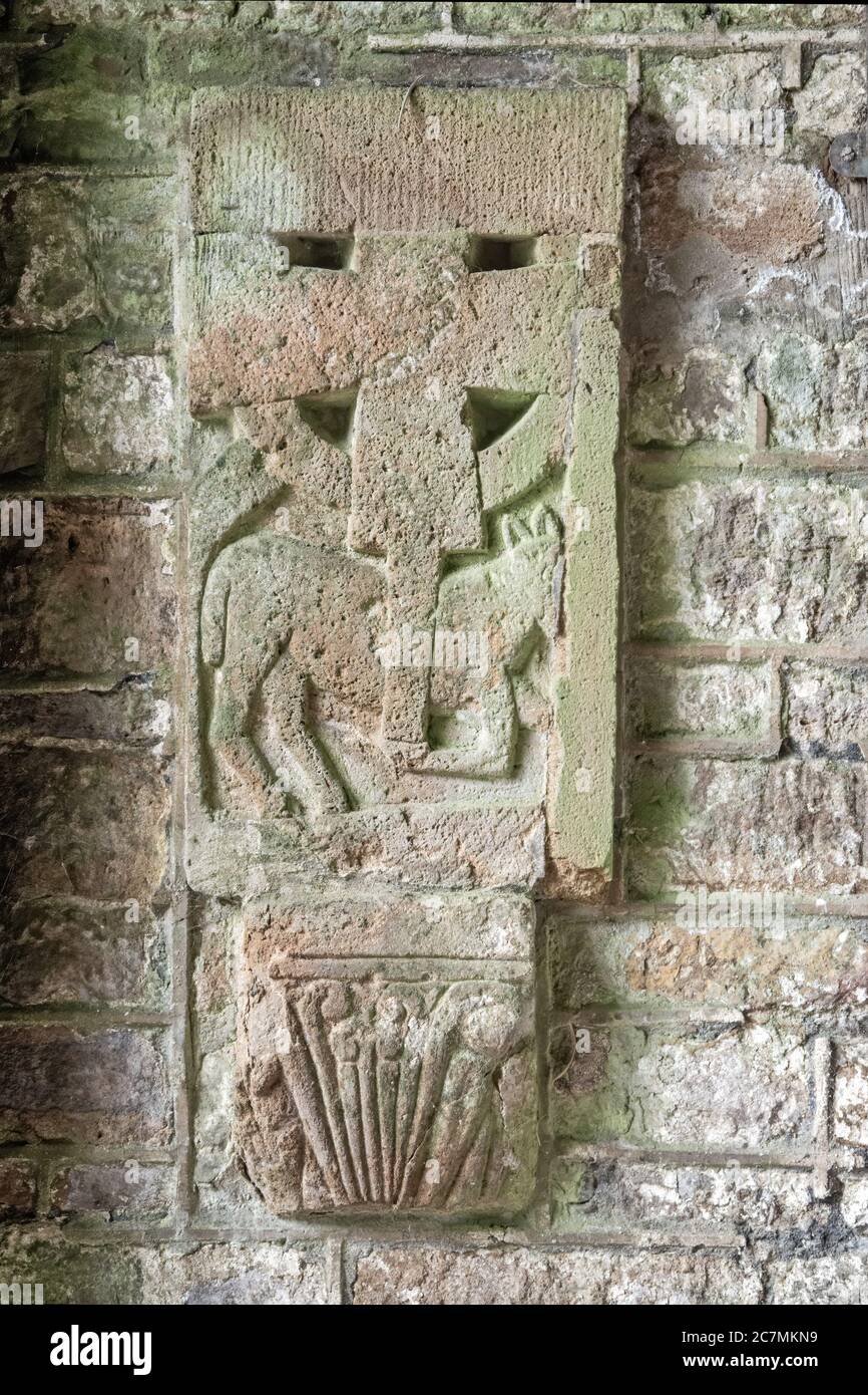 Ancient sculpture in the porch of the Parish Church, Holsworthy, Devon