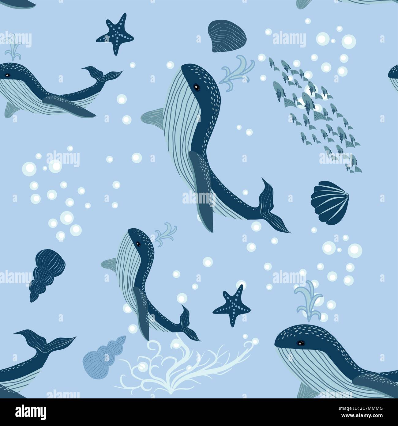 seamless pattern with underwater animals, seaweed and corals. Repeated ...