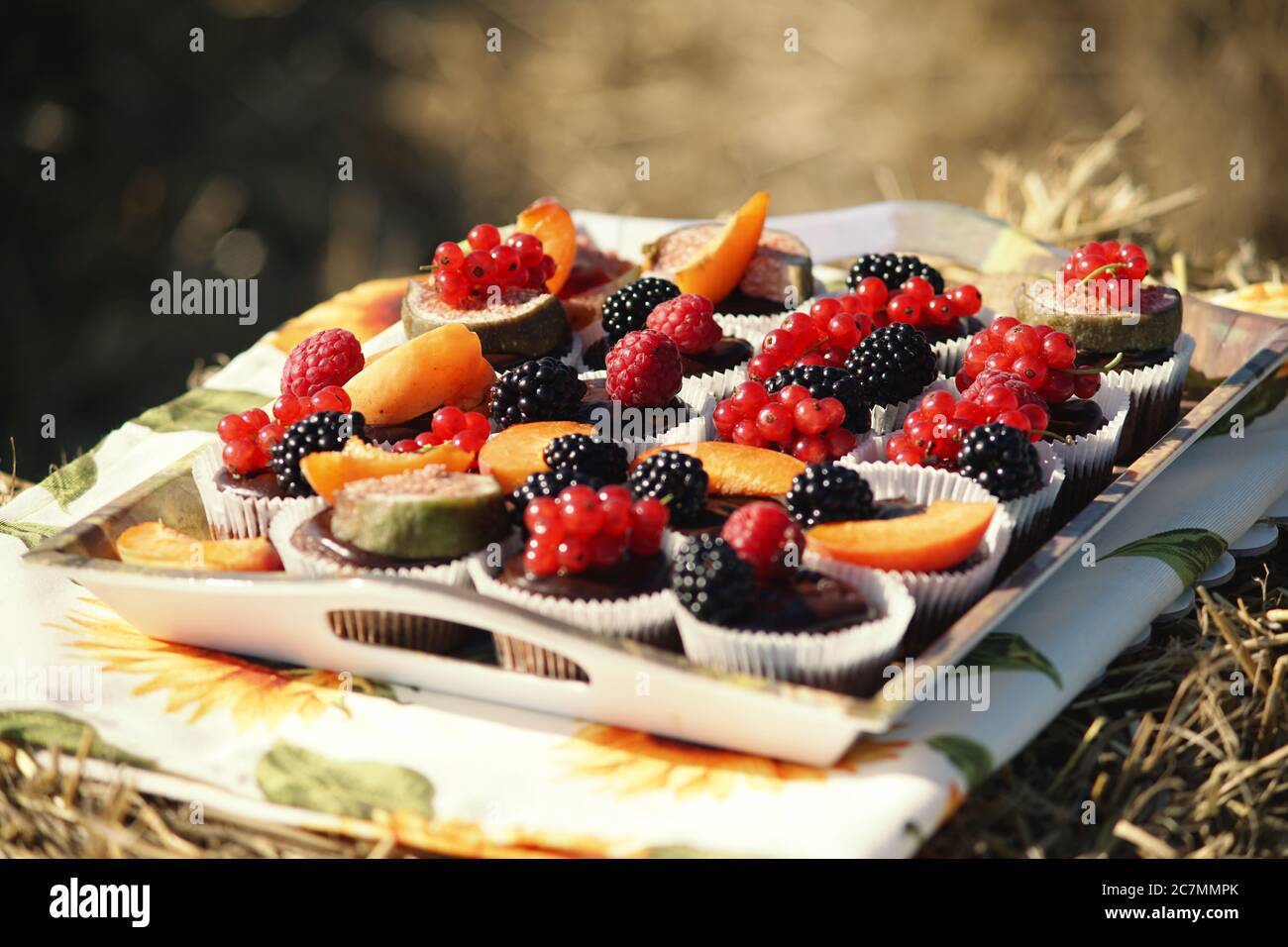 Home made chocolate muffins with organic fruit. Stock Photo