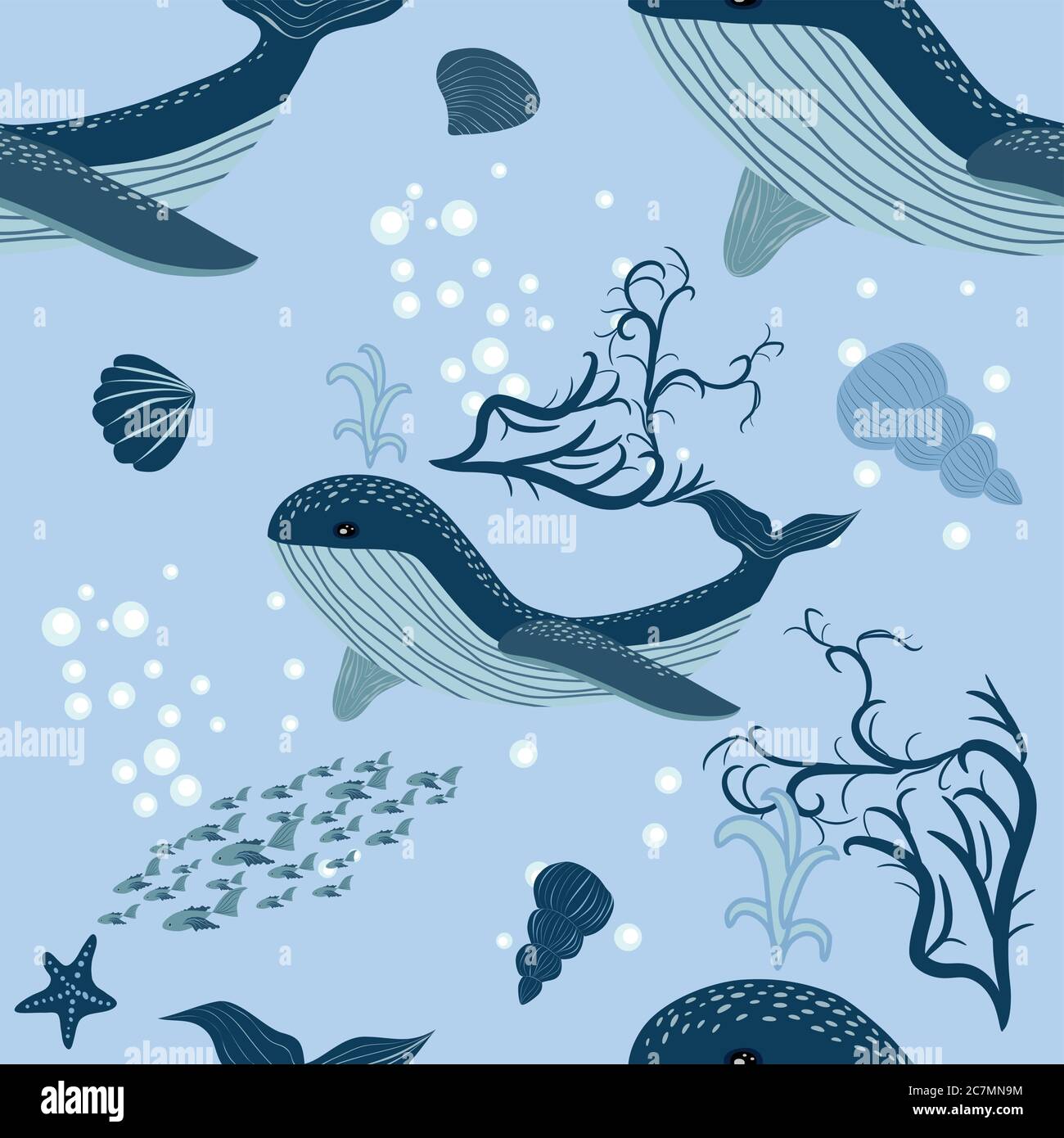 seamless pattern with underwater animals, seaweed and corals. Repeated ...