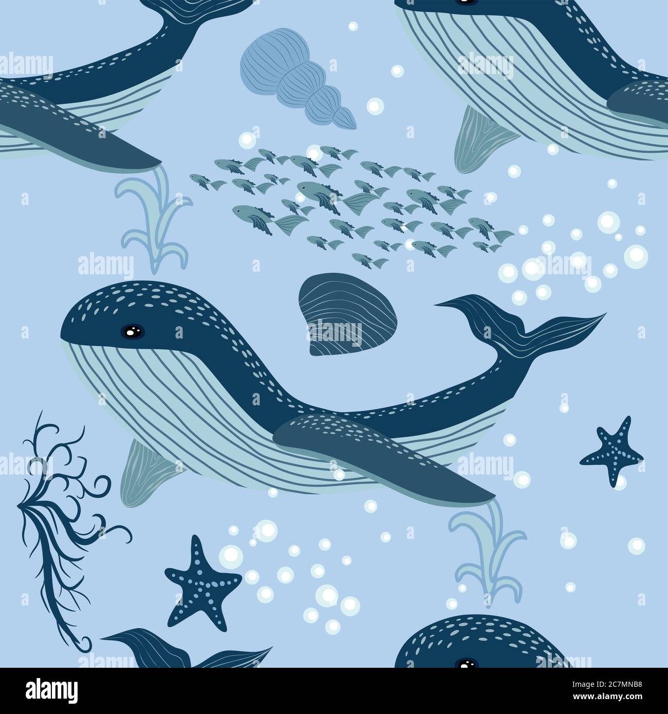 seamless pattern with underwater animals, seaweed and corals. Repeated ...