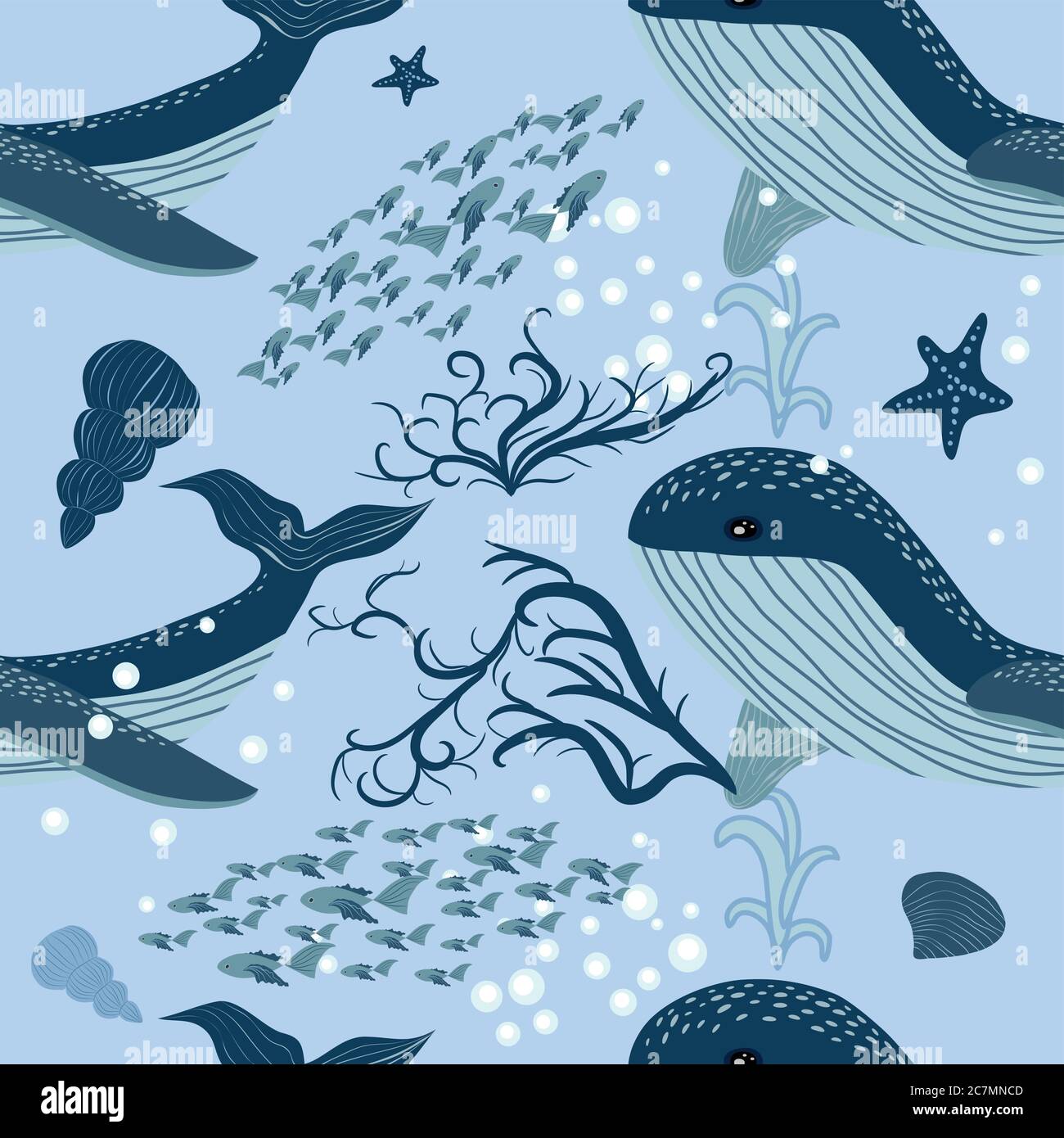 seamless pattern with underwater animals, seaweed and corals. Repeated ...