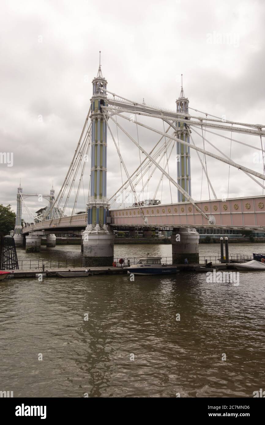 The Albert Bridge crossing the River Thames, Chelsea, London, England, UK Stock Photo